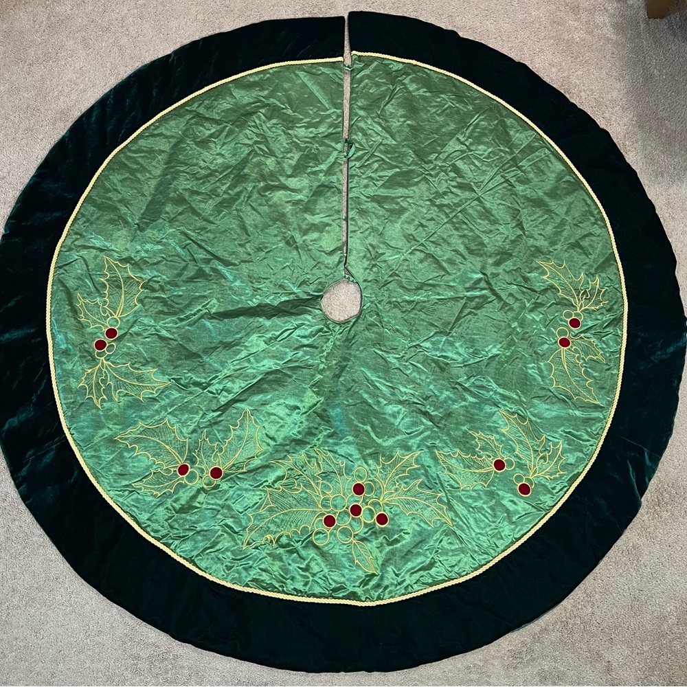 "65 Inch Green Velvet Satin Christmas Tree Skirt  Holly Embroidery and Gold Trim